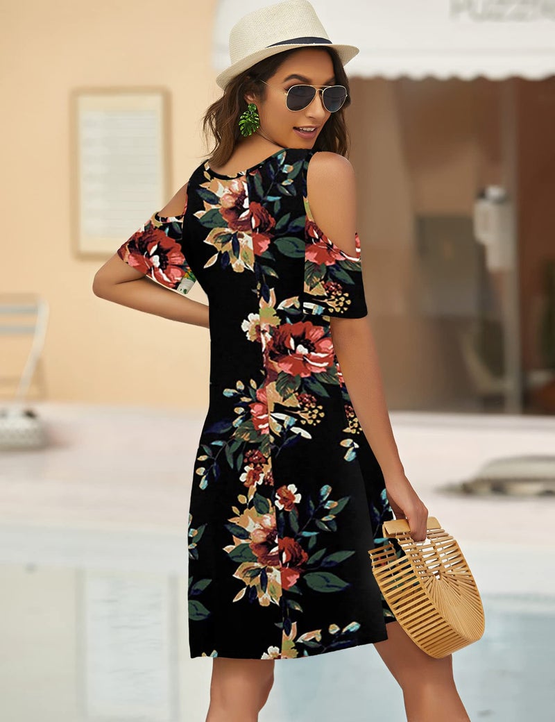 Bluetime Women Cold Shoulder Summer Dress Short Sleeve Beach Casual Loose Swing Dress (XL, Floral10) - Image 4